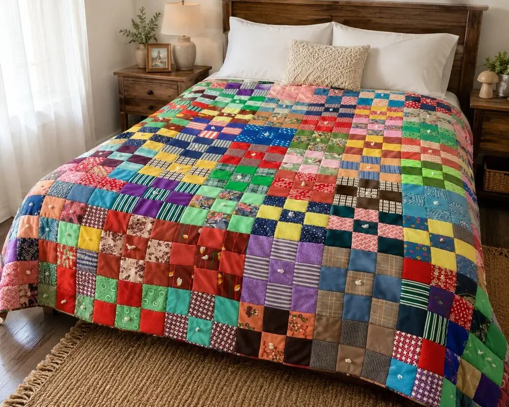 Vintage Handmade Polyester Double Knit Patchwork Tied Comforter Queen Granny